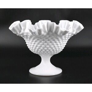 VINTAGE <1970 Fenton Milk Glass White Hobnail Footed Pedestal Candy Dish Ruffled